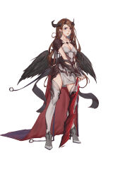 Rule 34 | 1girl, absurdres, black horns, black wings, blue eyes, breasts, brown hair, cape, cleavage, closed mouth, collarbone, curly hair, dress, drop earrings, earrings, feathered wings, frown, full body, grey dress, grey footwear, grey thighhighs, high heels, highres, holding, holding sword, holding weapon, horns, jewelry, liudaohai6001, long hair, looking at viewer, medium breasts, monster girl, o-ring, original, red cape, simple background, solo, standing, swept bangs, sword, tachi-e, thighhighs, torn clothes, torn thighhighs, weapon, white background, wings