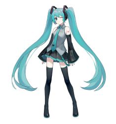 Rule 34 | 1girl, aqua eyes, aqua hair, aqua nails, aqua necktie, bare shoulders, belt, black skirt, black sleeves, black thighhighs, blouse, commentary, derivative work, detached sleeves, full body, grey shirt, hair ornament, hatsune miku, headphones, headset, heridy, highres, long hair, looking at viewer, miniskirt, nail polish, necktie, number tattoo, one eye closed, pleated skirt, shirt, shoulder tattoo, skirt, sleeveless, sleeveless shirt, sleeves past wrists, smile, solo, standing, tattoo, thighhighs, twintails, very long hair, vocaloid, vocaloid boxart pose, white background, zettai ryouiki