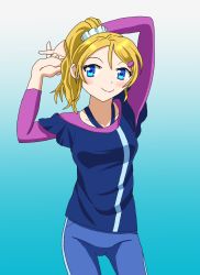 Rule 34 | 1girl, arms over head, artist request, ayase eli, blonde hair, blue eyes, blue pants, blue shirt, blush, breasts, collarbone, female focus, fingers together, hair between eyes, hair ornament, hair scrunchie, hairclip, hands over head, highres, hinata (ride57797684), long hair, looking at viewer, love live!, love live! school idol festival, love live! school idol project, medium breasts, own hands together, pants, parted lips, ponytail, purple shirt, scrunchie, shirt, smile, solo, undershirt, white scrunchie