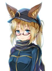 Rule 34 | 1girl, ahoge, arms at sides, artoria pendragon (all), artoria pendragon (fate), bad id, bad pixiv id, baseball cap, bespectacled, blonde hair, blue eyes, blue hat, blue jacket, blue scarf, breasts, cangmi, closed mouth, ears through headwear, fate (series), glasses, hair between eyes, hat, jacket, looking at viewer, medium breasts, mysterious heroine x (fate), ponytail, red-framed eyewear, rojiura satsuki : chapter heroine sanctuary, saber (fate), scarf, semi-rimless eyewear, sidelocks, simple background, solo, track jacket, under-rim eyewear, white background