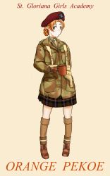 Rule 34 | 10s, blue eyes, boots, character name, cup, dorotabou (dieter), english text, full body, girls und panzer, highres, holster, jacket, kneehighs, military, mug, necktie, orange pekoe (girls und panzer), pigeon-toed, plaid, plaid skirt, red hair, simple background, skirt, smile, socks, tan background