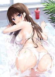 Rule 34 | 1girl, ass, bare arms, bare shoulders, bathing, bathtub, bikini, blue eyes, boku no kanojo sensei, breasts, brown hair, commentary request, from behind, fujiki maka, halterneck, halterneck, highres, indoors, large breasts, long hair, looking at viewer, looking back, oryo (oryo04), parted lips, plant, side-tie bikini bottom, smile, soap bottle, soap bubbles, solo, swimsuit, water, wet, white bikini, window