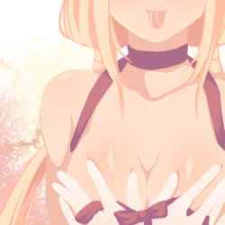 Rule 34 | 1girl, bikini, blonde hair, body blush, breasts, cleavage, closed mouth, commentary request, head out of frame, kawagoe pochi, lowres, medium breasts, medium hair, ragnarok online, smile, solo, swimsuit, tongue, tongue out, upper body, wanderer (ragnarok online), white bikini