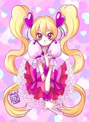 Rule 34 | 00s, 1girl, 2015, blonde hair, bow, choker, closed mouth, cure peach, dated, earrings, finger to mouth, fresh precure!, frilled skirt, frills, hair ornament, heart, heart background, heart earrings, heart hair ornament, jewelry, long hair, looking at viewer, maboroshineko, magical girl, momozono love, pink background, pink bow, pink choker, pink eyes, pink skirt, precure, puffy sleeves, signature, skirt, smile, solo, twintails, upper body