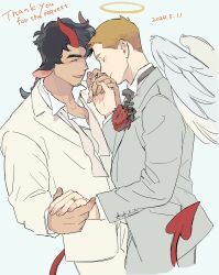 2boys all_saints_street angel_wings black_bow black_bowtie black_hair blonde_hair bow bowtie braid closed_eyes commission corsage dark-skinned_male dark_skin dated demon_boy demon_horns demon_tail english_text facial_hair formal_clothes formal_clothes goatee_stubble grey_suit groom halo highres holding_hands horns jewelry kiss kissing_hand lynn_angel male_focus multiple_boys nick_holt open_mouth red_horns ring short_hair simple_background single_braid smile stubble suit tail tensoba20230223 undone_bowtie white_background white_bow white_bowtie white_suit white_wings wings yaoi