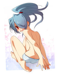 Rule 34 | 1boy, ass, blue hair, blush, hair over one eye, inazuma eleven, inazuma eleven (series), kazemaru ichirouta, long hair, looking back, male focus, open mouth, panties, ponytail, red eyes, solo, striped clothes, striped panties, topless male, trap, underwear