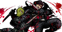 Rule 34 | 2boys, black hair, black hoodie, black pants, blood, blood splatter, bloody weapon, caiman (dorohedoro), climaxmukr, colored skin, dorohedoro, dual wielding, facial mark, fighting stance, furry, furry male, green skin, holding, holding weapon, hood, hoodie, kai (dorohedoro), knife, lizardman, male focus, multiple boys, open clothes, open hoodie, pants, pectorals, scales, sharp teeth, short hair, sideburns, teeth, toned, toned male, weapon