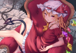 Rule 34 | 1girl, adapted costume, arm ribbon, bare shoulders, barefoot, blonde hair, blush, bow, bra strap, chain, commentary request, couch, crystal, dress, feet out of frame, flandre scarlet, hair between eyes, hat, hat ribbon, indoors, knee up, laevatein (tail), long hair, looking at viewer, mob cap, off-shoulder dress, off shoulder, one side up, parted lips, petticoat, puffy short sleeves, puffy sleeves, red dress, red eyes, red ribbon, ribbon, roke (taikodon), short dress, short sleeves, sitting, solo, tail, thighs, touhou, white hat, wings, yellow bow, yellow ribbon
