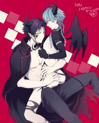 Rule 34 | 10s, 2boys, arm around neck, arms around waist, ass, bad id, bad pixiv id, black gloves, black hair, blue hair, bracelet, braid, clothed male nude male, demon boy, demon tail, demon wings, dramatical murder, earrings, elbow gloves, facial mark, gloves, horns, demon boy, jacket, jacket on shoulders, jewelry, looking at viewer, male focus, mogi (green tea planet), monoxi, multiple boys, multiple braids, nipples, nude, pants, profile, red background, ren (dramatical murder), seragaki aoba, topless male, sitting, sitting on lap, sitting on person, smile, spiked bracelet, spikes, straddling, tail, tattoo, toned, torn clothes, upright straddle, wings, yaoi, yellow eyes