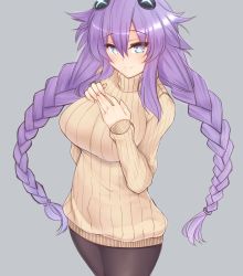 Rule 34 | 1girl, blush, braid, breasts, choujigen game neptune, cowboy shot, dura, grey background, hair ornament, hand on own chest, large breasts, long hair, looking at viewer, neptune (neptunia), neptune (series), pantyhose, purple hair, purple heart (neptunia), simple background, smile, solo, sweater, symbol-shaped pupils, thighhighs, twin braids, very long hair