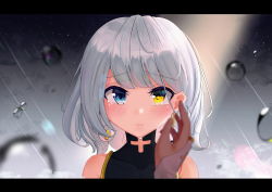 Rule 34 | 1girl, bad id, bad pixiv id, black dress, blue eyes, blurry, blurry foreground, blush, bridal gauntlets, closed mouth, commentary request, covered collarbone, crying, crying with eyes open, depth of field, dress, earrings, heterochromia, highres, jewelry, letterboxed, looking at viewer, original, out of frame, rain, silver hair, sleeveless, sleeveless dress, solo focus, tears, teshu, upper body, water drop, yellow eyes