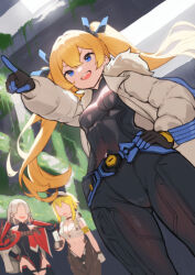 3girls :d black_bodysuit black_gloves black_leotard blonde_hair blue_eyes bodysuit breasts cape choker cleavage coat drake_(nikke) fang fujitwo fur_collar fur_trim gloves goddess_of_victory:_nikke hair_ornament hairclip hand_on_own_hip headgear highleg highres laplace_(nikke) large_breasts leotard long_hair maxwell_(nikke) multiple_girls open_mouth pointing pointing_forward red_cape short_hair sidelocks skin_tight small_breasts smile sports_bra twintails two-tone_gloves visor_cap white_coat white_hair white_sports_bra