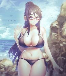 Rule 34 | 1girl, alternate hairstyle, arm at side, armpit crease, assault lily, bare arms, bare shoulders, bikini, bird, black bikini, black hair, blue eyes, blue sky, breasts, cleavage, closed mouth, cloud, collarbone, commentary, cowboy shot, day, fingernails, glasses, groin, hair between eyes, hair bun, half updo, halterneck, hand up, highres, horizon, large breasts, light particles, long hair, looking at viewer, mashima moyu, navel, o-ring, o-ring bikini, o-ring top, ocean, outdoors, ponytail, red-framed eyewear, rock, side-tie bikini bottom, sidelocks, sky, smile, solo, standing, stomach, string bikini, swimsuit, tori udon, very long hair