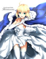 1girl, :d, absurdres, ahoge, artoria pendragon (all), bangs, blonde hair, blue cape, braid, braided bun, breasts, cape, character name, choker, cleavage, collarbone, copyright name, dress, elbow gloves, eyebrows visible through hair, fate/grand order, fate/stay night, fate (series), floating hair, foo (pixiv54892036), fur-trimmed cape, fur trim, gloves, green eyes, grey legwear, hair between eyes, highres, huge filesize, open mouth, saber, sleeveless, sleeveless dress, small breasts, smile, solo, standing, strapless, strapless dress, thighhighs, tied hair, wedding dress, white background, white choker, white dress, white gloves
