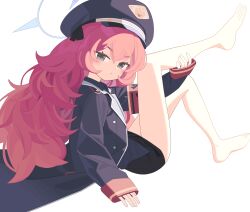 Rule 34 | 1girl, armband, bare legs, barefoot, big hair, black coat, black eyes, black skirt, blue archive, blush, coat, from side, hair between eyes, hat, highres, iroha (blue archive), long hair, long sleeves, looking at viewer, mabera, miniskirt, multicolored hair, open clothes, open coat, parted lips, peaked cap, pencil skirt, pink hair, red hair, safety pin, shadow, simple background, sitting, skirt, solo, very long hair, wavy hair, white background
