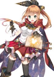 Rule 34 | 10s, 1girl, black gloves, black legwear, book, boots, cape, clarisse (granblue fantasy), frilled skirt, frills, gloves, granblue fantasy, green eyes, light brown hair, lights, long hair, looking at viewer, magic, open mouth, ponytail, simple background, skirt, solo, taiyaki (astre), very long hair