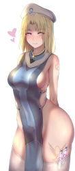 Rule 34 | 1girl, adapted costume, alternate hairstyle, arms behind back, blonde hair, blue eyes, breasts, combat medic ziegler, cowboy shot, eyes visible through hair, hat, heart, highres, hip focus, light smile, long hair, looking at viewer, medium breasts, mercy (overwatch), nikuku (kazedesune), no panties, no wings, official alternate costume, overwatch, overwatch 1, sideboob, simple background, solo, syringe, tabard, tattoo, thick thighs, thighhighs, thighs, white background, white thighhighs, wide hips