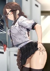 Rule 34 | 1girl, black-framed eyewear, black thighhighs, blush, breasts, brown eyes, brown hair, cameltoe, clothes lift, fate/grand order, fate (series), from side, glasses, highres, indoors, long hair, looking at viewer, medium breasts, naha78, panties, school uniform, side-tie peek, skirt, solo, standing, thick thighs, thighhighs, thighs, underwear, yu mei-ren (fate), yu mei-ren (first ascension) (fate)