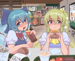 Rule 34 | 6+girls, absurdres, animal ears, artist name, bird ears, bird wings, black headwear, blonde hair, blue bow, blue dress, blue eyes, blue hair, blue vest, blush, bow, brown dress, brown eyes, brown headwear, burger, cirno, closed mouth, collared shirt, commentary, crystal, daiyousei, dress, drink, drinking straw, duhota, english text, fairy, fairy wings, flandre scarlet, food, fumo (doll), green hair, hair between eyes, hair bow, hakurei reimu, hat, hat ribbon, highres, holding, holding food, ice, ice wings, komeiji koishi, komeiji satori, long hair, mcdonald&#039;s, mixed-language commentary, mob cap, multiple girls, mystia lorelei, open mouth, pink hair, puffy short sleeves, puffy sleeves, red skirt, red vest, reisen udongein inaba, ribbon, rumia, russian text, shirt, short hair, short sleeves, side ponytail, signature, skirt, touhou, translated, vest, vkusno i tochka, white headwear, white shirt, white wings, winged hat, wings, yellow ribbon