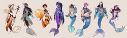 Rule 34 | 6+girls, adapted costume, beads, blue skin, breasts, cleavage, colored skin, d.va (overwatch), dark-skinned female, dark skin, fins, fish tail, hair ornament, hair stick, head-mounted display, highres, large breasts, looking at viewer, medium breasts, mei (overwatch), mercy (overwatch), mermaid, mioree, monster girl, multiple girls, muscular, muscular female, navel, overwatch, overwatch 1, pasties, pharah (overwatch), plump, polearm, spear, star pasties, stomach, symmetra (overwatch), tail, toned, tracer (overwatch), visor, weapon, widowmaker (overwatch), zarya (overwatch)