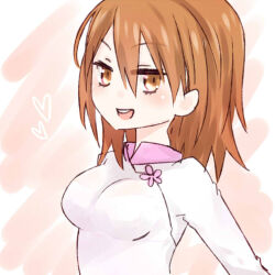 Rule 34 | 1girl, bra visible through clothes, breasts, brown eyes, brown hair, commentary request, dress, hair between eyes, heart, i.u.y, light blush, long bangs, looking at viewer, medium breasts, medium hair, misaka worst, no nose, open mouth, see-through, see-through dress, smile, solo, teeth, toaru majutsu no index, toaru majutsu no index: new testament, upper body, upper teeth only, v-shaped eyebrows, vietnamese dress, white dress