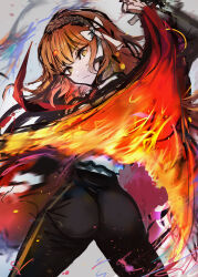 Rule 34 | 1girl, ass, black jacket, black pants, brown hairband, cape, chuhaibane, closed mouth, e.g.o (project moon), fiery clothing, from behind, hairband, highres, ishmael (project moon), jacket, limbus company, long hair, looking at viewer, looking back, matador, necktie, orange eyes, orange hair, pants, project moon, red cape, red necktie, shirt, sketch, solo, very long hair, white shirt