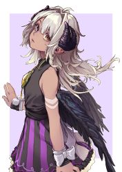 Rule 34 | 1girl, absurdres, amaryllis gumi, bare shoulders, bikini, black wings, border, bow, closed mouth, cowboy shot, from side, grey hair, heterochromia, highres, horizontal pupils, horns, looking at viewer, looking to the side, parted lips, pointy ears, purple bikini, purple eyes, purple skirt, reiga (act000), sanpaku, shirt, simple background, skirt, solo, standing, striped clothes, striped skirt, swimsuit, virtual youtuber, white border, white bow, wings, wrist bow, yellow eyes, yotsutsuji mayoi