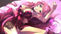 Rule 34 | armpits, bed, bed sheet, blue eyes, breasts, dress, earrings, groin, jewelry, large breasts, lipstick, long hair, looking to the side, lying, makeup, mask, pakupaku choppu, pink hair, see-through, solo