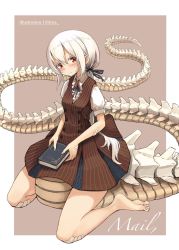 Rule 34 | 159cm, 1girl, artist name, bandaid, bandaid on hand, black ribbon, blush, book, border, brown background, brown dress, closed mouth, collared shirt, double-breasted, dragon tail, dress, hair ribbon, head tilt, highres, holding, holding book, kneeling, long hair, long tail, looking at viewer, low ponytail, original, puffy short sleeves, puffy sleeves, red eyes, ribbon, shirt, short sleeves, skeletal tail, slit pupils, smile, solo, tail, white border, white hair, white shirt, wing collar