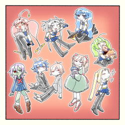 Rule 34 | 2boys, 6+girls, :3, ahoge, bird, black thighhighs, blonde hair, blue gloves, blue hair, blue serafuku, blue skirt, border, bow, brown footwear, character doll, closed mouth, colored skin, commentary request, crop top, cross, doughnut, drill hair, expressionless, fang, fang out, flat chest, food, full body, gedougawa, gloves, green eyes, green hair, green skin, grey eyes, grey hair, hair between eyes, hair bow, heterochromia, holding, holding food, loafers, long hair, looking at viewer, medium bangs, miniskirt, multiple boys, multiple girls, open mouth, orange background, original, parted bangs, pastry box, patchwork skin, penguin, pink hair, pleated skirt, red bow, red eyes, school uniform, serafuku, shoes, short bangs, short hair, sitting, skirt, smile, socks, standing, thick eyebrows, thighhighs, twin drills, twintails, white border, white skin, white socks, zombie