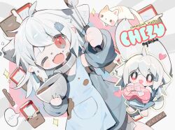 Rule 34 | 1girl, :d, ;d, ahoge, animal ears, apron, artist name, barefoot, blue apron, blush, bowl, box, cat, chibi, chibi inset, chizunyanko, chocolate, claws, collar, dated, detached sleeves, dutch angle, english text, fang, food, food on face, gift, gift box, hair ornament, heart, heart-shaped box, highres, holding, holding bowl, holding gift, ladle, long hair, long sleeves, looking at viewer, mixing bowl, one eye closed, open mouth, original, pointy ears, puffy long sleeves, puffy sleeves, red eyes, shirt, skin fang, smile, sparkle, speech bubble, tail, valentine, white hair