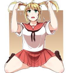 Rule 34 | 1girl, ahoge, arms up, blonde hair, blouse, border, breasts, brown background, brown legwear, commentary request, dot nose, gradient background, open mouth, original, pleated skirt, red skirt, shirt, sidelocks, skirt, solo, sumi (okiraku-tei), tareme, thick thighs, thighs, twintails, white border, white shirt