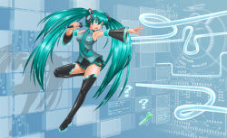 Rule 34 | 1girl, absurdres, aqua eyes, aqua hair, black thighhighs, boots, breasts, character name, detached sleeves, full body, hair ornament, hatsune miku, headphones, highres, leg lift, long hair, microphone, miniskirt, necktie, neon trim, open mouth, outstretched arm, pieter visser, pleated skirt, shiny clothes, skirt, solo, spring onion, thigh boots, thighhighs, twintails, very long hair, vocaloid
