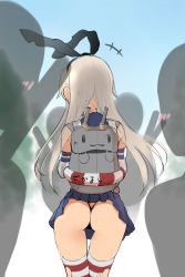 Rule 34 | 10s, 1girl, absurdres, ass, black panties, blonde hair, elbow gloves, gloves, hairband, highres, kantai collection, long hair, panties, pantyshot, pokachu, rensouhou-chan, shimakaze (kancolle), skirt, solo focus, striped clothes, striped thighhighs, thigh gap, thighhighs, thong, torn clothes, torn legwear, underwear, white gloves