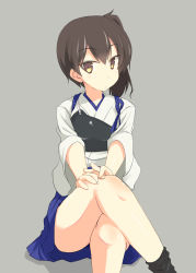 Rule 34 | 10s, 1girl, blush, breasts, brown hair, commentary, crossed legs, grey background, japanese clothes, kaga (kancolle), kantai collection, kugui kiyunemu, legs, muneate, pleated skirt, short hair, side ponytail, simple background, skirt, small breasts, solo, tasuki