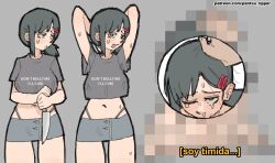 Rule 34 | 1girl, black hair, censored, chainsaw man, crop top, cross-section, grey background, hair ornament, hairclip, hand on another&#039;s head, higashiyama kobeni, highres, holding, holding knife, implied fellatio, implied sex, knife, looking to the side, miniskirt, mosaic censoring, nervous smile, one eye closed, open mouth, pantsu-ripper, short hair, simple background, single sidelock, skirt, smile, subtitled, sweat, thong, yellow eyes