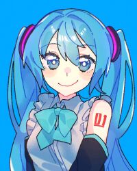 Rule 34 | 1girl, arms at sides, black sleeves, blue background, blue bow, blue bowtie, blue eyes, blue hair, blush, bow, bowtie, breasts, closed mouth, collared shirt, commentary request, detached sleeves, frilled shirt, frills, hair between eyes, hair intakes, hair ornament, hatsune miku, long hair, long sleeves, looking at viewer, number tattoo, raised eyebrows, shirt, sidelocks, sleeveless, sleeveless shirt, small breasts, smile, solo, tattoo, tomatomari, twintails, upper body, vocaloid, white shirt