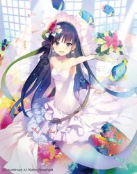 Rule 34 | 10s, 1girl, :d, akinashi yuu, backless dress, backless outfit, bare shoulders, blue hair, blush, bouquet, breasts, bridal veil, bubble, cardfight!! vanguard, choker, collarbone, copyright notice, dress, earrings, elbow gloves, fish, flower, gloves, hair flower, hair ornament, jewelry, long hair, looking at viewer, mermaid, monster girl, official art, one side up, open mouth, original, outstretched arm, purple eyes, small breasts, smile, solo, strapless, tropical fish, underwater, veil, very long hair, water, wedding dress, white gloves