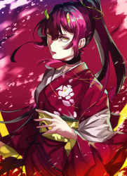 Rule 34 | 1girl, angry, brown hair, commentary, high ponytail, highres, horns, itaru (kidomh63), japanese clothes, kimono, long hair, looking at viewer, official alternate costume, oni, oni horns, open mouth, red background, red kimono, ribbon, sash, sidelocks, solo, suzuka (housamo), tokyo houkago summoners, upper body, yellow eyes, yellow horns, yellow ribbon, yellow sash