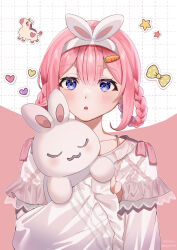 Rule 34 | 1girl, :o, animal ears, braid, braided hair rings, collarbone, dotted line, dress, fake animal ears, hair between eyes, hair rings, hairband, heart, highres, hugging object, looking at viewer, nijisanji, parted lips, pink background, pink hair, purple eyes, rabbit ears, sidelocks, signature, solo, star (symbol), stuffed animal, stuffed rabbit, stuffed toy, suo sango, suo sango (2nd costume), tsumetsume zerii, twin braids, twitter username, two-tone background, upper body, virtual youtuber, white background, white dress, white hairband