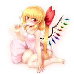 Rule 34 | 1girl, alternate costume, bare shoulders, barefoot, blonde hair, blush, bow, camisole, collarbone, crystal, eating, fang, flandre scarlet, food, full body, gradient background, hair between eyes, hair bow, highres, holding, holding food, ice cream, long hair, looking at viewer, marukyuu ameya, multicolored wings, nail polish, no headwear, nose blush, panties, pillow, pink camisole, pink panties, red bow, red eyes, red nails, side ponytail, simple background, skin fang, solo, toenail polish, toenails, touhou, underwear, wings