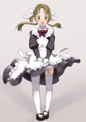 Rule 34 | 10s, 1girl, apron, blush, brooch, eyebrows, garter straps, gradient background, green eyes, green hair, highres, jewelry, looking at viewer, lotte (shuumatsu no izetta), maid, maid apron, maid headdress, maisama, mary janes, matching hair/eyes, open mouth, pigeon-toed, ribbon, shoes, shuumatsu no izetta, solo, standing, surprised, thighhighs, twintails, white thighhighs, wind, wind lift