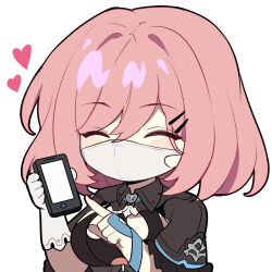 Rule 34 | 1girl, black leotard, bob cut, breasts, closed eyes, gloves, heart, highres, holding, holding phone, honkai (series), honkai impact 3rd, large breasts, leotard, mask, mouth mask, official art, phone, short hair, single glove, solo, timido cute, transparent background, upper body, white gloves