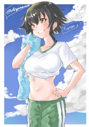 Rule 34 | 10s, 1girl, absurdres, black hair, blue sky, braid, breasts, brown eyes, character name, commentary request, cowboy shot, day, double vertical stripe, girls und panzer, green shorts, grin, hand on own hip, highres, holding, holding towel, looking to the side, medium breasts, midriff, one-hour drawing challenge, outdoors, outside border, pepperoni (girls und panzer), shignonpencil, shirt, short hair, short sleeves, shorts, side braid, sky, smile, solo, standing, sweat, t-shirt, tied shirt, towel, twitter username, white shirt
