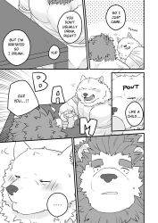 Rule 34 | 2boys, averting eyes, bara, bear boy, blush, couple, cup, drunk, furry, furry male, furry with furry, gou (nogitu), greyscale, highres, holding, holding cup, huge eyebrows, large pectorals, lion boy, lion mane, male focus, mature male, monochrome, multiple boys, muscular, muscular male, nogitu, on table, original, pectorals, pout, roku (nogitu), sanpaku, short hair, shy, squeans, table, tsundere, turn pale, yaoi