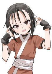 Rule 34 | 1girl, absurdres, black gloves, black hair, brown eyes, commentary request, fingerless gloves, gloves, highres, japanese clothes, kunoichi tsubaki no mune no uchi, looking at viewer, rindou (kunoichi tsubaki no mune no uchi), short hair, short sleeves, simple background, solo, white background, yamamoto souichirou
