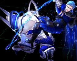 Rule 34 | 1boy, :d, astral chain, belt, black background, blue eyes, blue hair, bodysuit, chain, glasses, highres, holding, holding weapon, open mouth, pouch, smile, solo, weapon, xiangzhi08