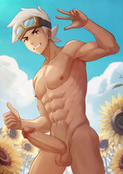 Rule 34 | 1boy, abs, cloud, commentary request, cowboy shot, creatures (company), day, flower, friede (pokemon), game freak, goggles, goggles on head, grin, hand up, highres, looking at viewer, male focus, navel, nintendo, nipples, nude, outdoors, pectorals, penis, pokemon, pokemon (anime), pokemon horizons, sky, smile, solo, sunflower, teeth, tentis, testicles, thumbs up, uncensored, w, white hair, yellow eyes