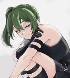 Rule 34 | 1girl, absurdres, arm strap, armlet, black dress, black footwear, black gloves, commentary request, dress, feet out of frame, fengling (furin-jp), gloves, green hair, grey background, highres, looking at viewer, purple eyes, side ponytail, smile, solo, sousou no frieren, thigh strap, thighs, ubel (sousou no frieren)