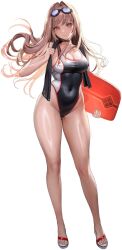 Rule 34 | 1girl, black choker, black one-piece swimsuit, black towel, breasts, brown hair, choker, closed mouth, competition swimsuit, covered navel, curvy, full body, goddess of victory: nikke, goggles, goggles on head, highleg, highleg swimsuit, holding kickboard, hyulla, kim hyung tae, large breasts, light brown hair, long hair, looking at viewer, official alternate costume, official art, one-piece swimsuit, orange eyes, rapi (classic vacation) (nikke), rapi (nikke), sandals, shiny skin, solo, swim goggles, swimsuit, thighs, third-party source, toes, towel, towel around neck, transparent background, two-tone swimsuit, wide hips